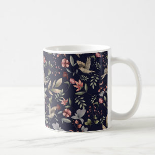 Navy Blue Woodland Animals Floral Leaves Pattern Koffiemok