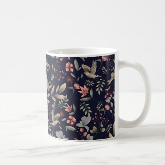 Navy Blue Woodland Animals Floral Leaves Pattern Koffiemok (Rechts)