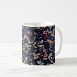 Navy Blue Woodland Animals Floral Leaves Pattern Koffiemok