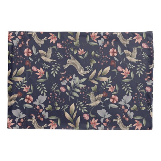 Navy Blue Woodland Animals Floral Leaves Pattern Kussensloop (Achterkant)