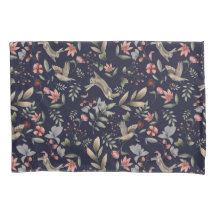 Navy Blue Woodland Animals Floral Leaves Pattern