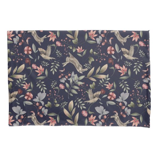 Navy Blue Woodland Animals Floral Leaves Pattern Kussensloop (Voorkant)