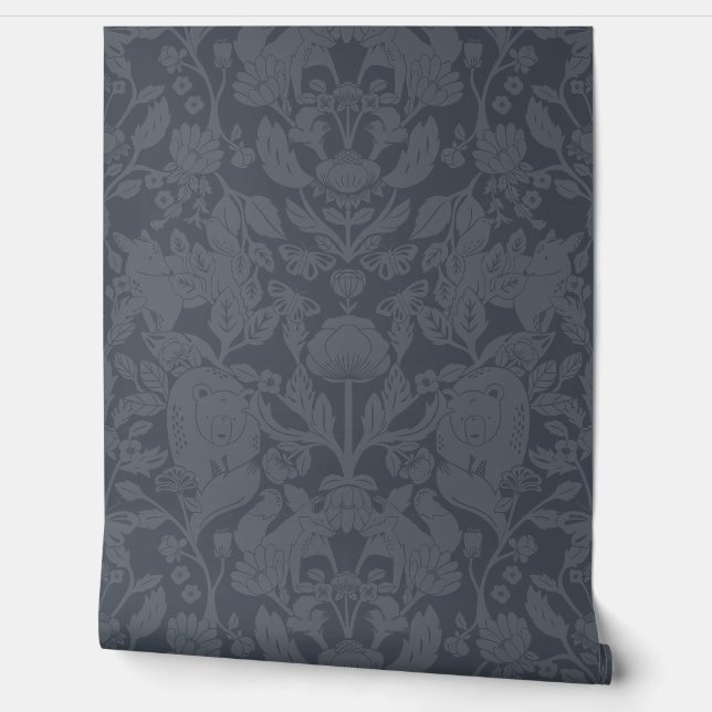 Navy Blue Woodland Block Print Damask Behang (Afrollen)