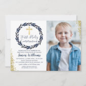 Navy Blue Wreath Gold First Kaart (Voorkant)