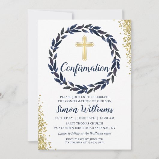 Navy Blue Wreath Gold Glitter-bevestiging Kaart (Voorkant)