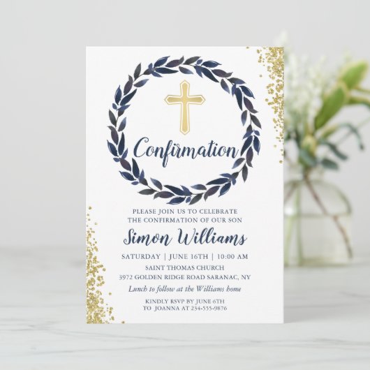 Navy Blue Wreath Gold Glitter-bevestiging Kaart (Staand voorkant)
