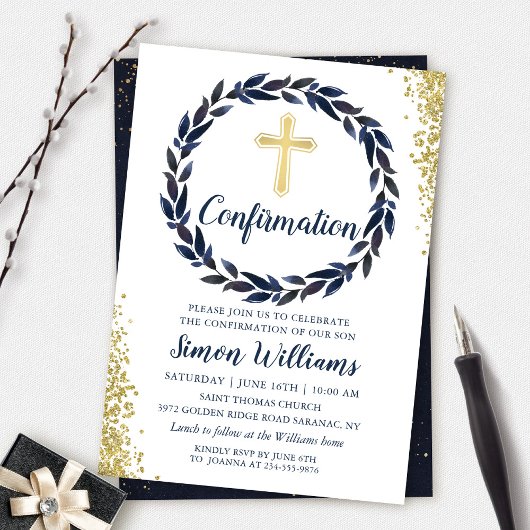 Navy Blue Wreath Gold Glitter-bevestiging Kaart