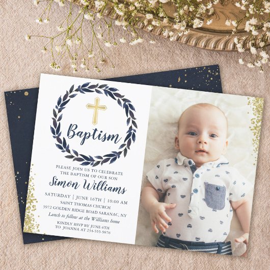 Navy Blue Wreath Gold Glitter Boy Baptism Foto Kaart