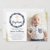 Navy Blue Wreath Gold Glitter Boy Baptism Foto Kaart (Voorkant)