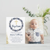 Navy Blue Wreath Gold Glitter Boy Baptism Foto Kaart (Staand voorkant)