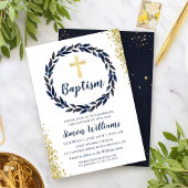 Navy Blue Wreath Gold Glitter Boy Baptisme Kaart