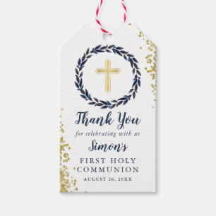 Navy Blue Wreath Gold Glitter First Heilige Commun Cadeaulabel