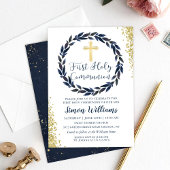 Navy Blue Wreath Gold Glitter First Heilige Commun Kaart
