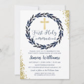 Navy Blue Wreath Gold Glitter First Heilige Commun Kaart (Voorkant)
