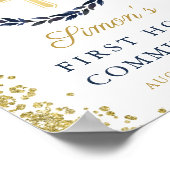 Navy Blue Wreath Gold Glitter First Heilige Commun Poster (Hoek)