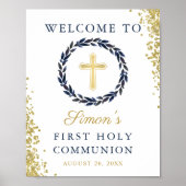 Navy Blue Wreath Gold Glitter First Heilige Commun Poster (Voorkant)