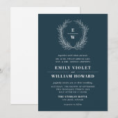 Navy Blue Wreath Monogram bruiloft uitnodiging (Voorkant / Achterkant)