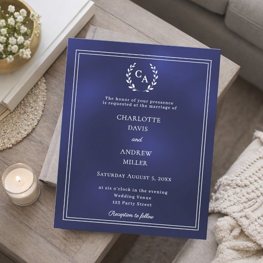 Navy blue wreath monogram wedding invitation