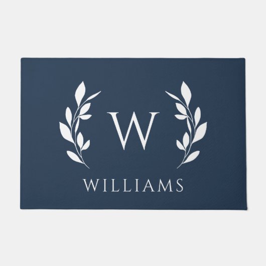 Navy Blue WreatInitiaal Monogram Achternaam Deurmat (Voorkant)