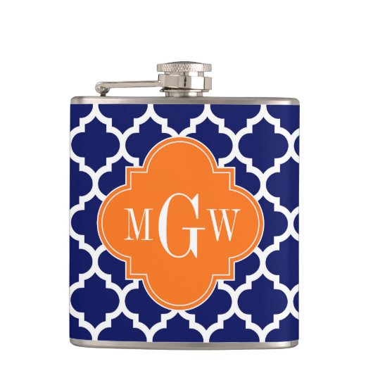 Navy Blue Wt Chevron Pompoen Quatrefoil 3 Monogram Heupfles (Voorkant)