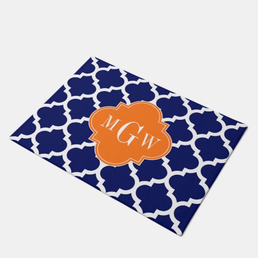 Navy Blue Wt Chevron Pumpkin Quatrefoil 3 Monogram Deurmat (Schuin)