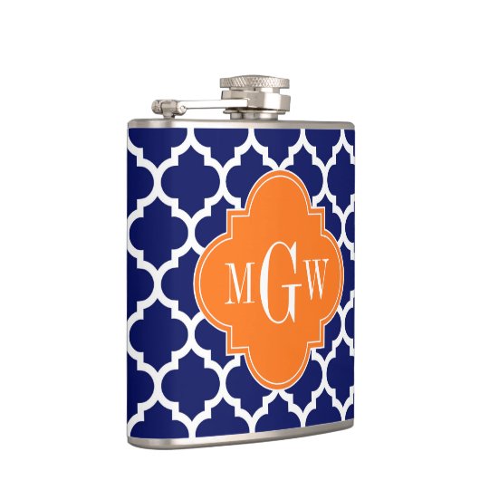 Navy Blue Wt Chevron Pumpkin Quatrefoil 3 Monogram Heupfles (Rechts)