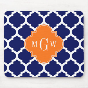 Navy Blue Wt Chevron Pumpkin Quatrefoil 3 Monogram Muismat