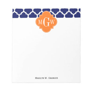Navy Blue Wt Chevron Pumpkin Quatrefoil 3 Monogram Notitieblok