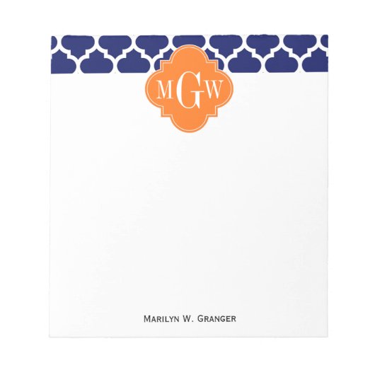Navy Blue Wt Chevron Pumpkin Quatrefoil 3 Monogram Notitieblok (Voorkant)