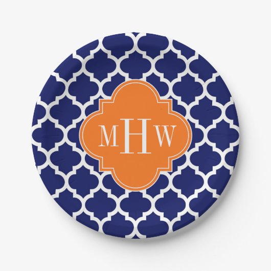 Navy Blue Wt Chevron Pumpkin Quatrefoil 3 Monogram Papieren Bordje (Voorkant)