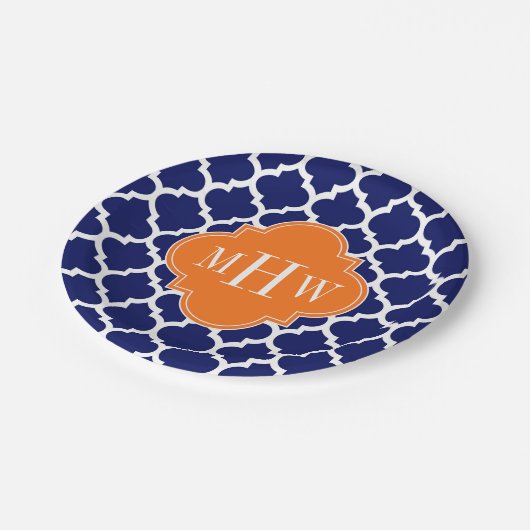 Navy Blue Wt Chevron Pumpkin Quatrefoil 3 Monogram Papieren Bordje (Gekanteld)