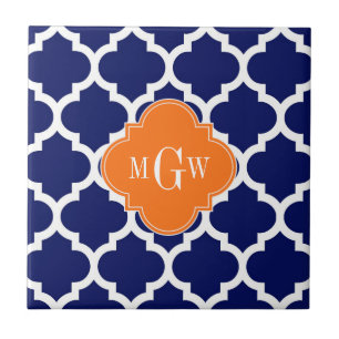 Navy Blue Wt Chevron Pumpkin Quatrefoil 3 Monogram Tegeltje