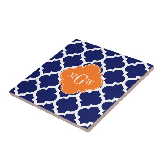Navy Blue Wt Chevron Pumpkin Quatrefoil 3 Monogram Tegeltje (Zijkant)