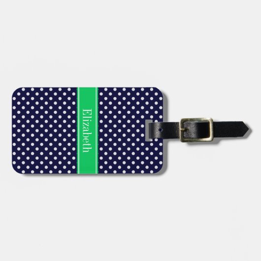 Navy Blue Wt Polka Dot Emerald Green Name Monogram Bagagelabel (Voorkant horizontaal)