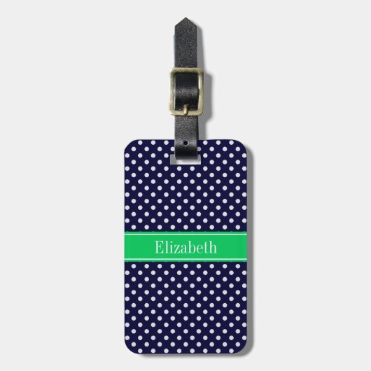 Navy Blue Wt Polka Dot Emerald Green Name Monogram Bagagelabel (Voorkant verticaal)