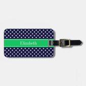 Navy Blue Wt Polka Dot Emerald Green Name Monogram Bagagelabel (Voorkant horizontaal)