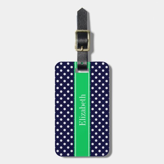 Navy Blue Wt Polka Dot Emerald Green Name Monogram Bagagelabel (Voorkant verticaal)