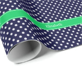 Navy Blue Wt Polka Dot Emerald Green Name Monogram Cadeaupapier (Rol Hoek)