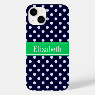 Navy Blue Wt Polka Dot Emerald Green Name Monogram Case-Mate iPhone 14 Hoesje