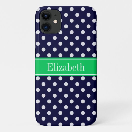 Navy Blue Wt Polka Dot Emerald Green Name Monogram Case-Mate iPhone Case (Achterkant)