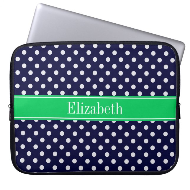 Navy Blue Wt Polka Dot Emerald Green Name Monogram Laptop Sleeve (Voorkant)