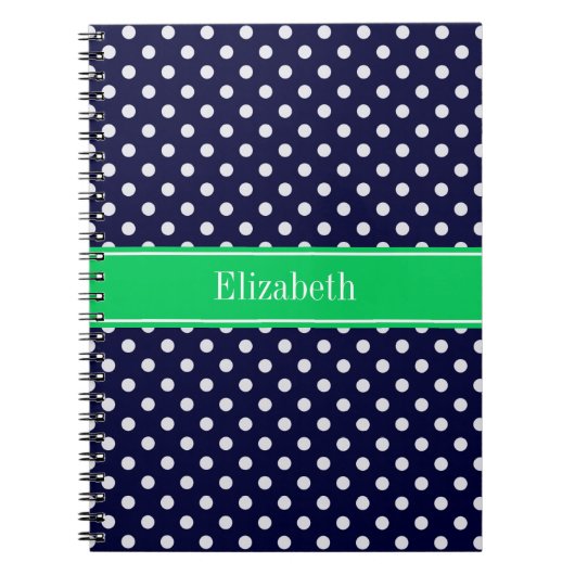 Navy Blue Wt Polka Dot Emerald Green Name Monogram Notitieboek (Voorkant)