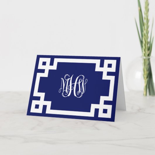 Navy Blue Wt Vine Script Monogram Griekse sleutel  Kaart (Voorkant)