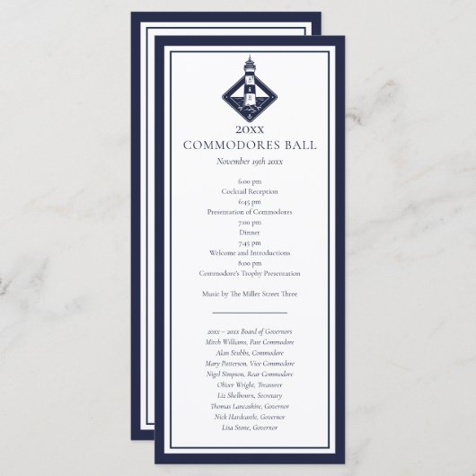 Navy Blue Yacht Club Nautical Menu Programma (Voorkant / Achterkant)
