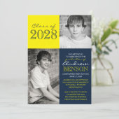 Navy Blue & Yellow 2 Foto Afstuderen Aankondiging (Staand voorkant)