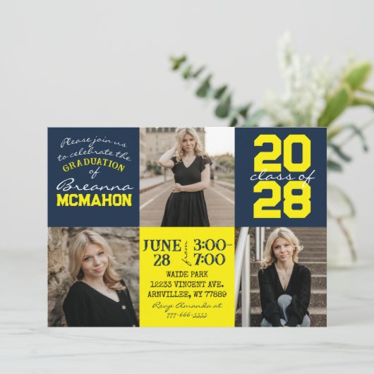 Navy Blue & Yellow 3 foto Afstuderen uitnodiging (Staand voorkant)