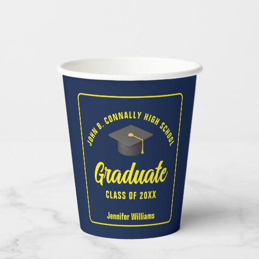Navy Blue Yellow Afstuderen aangepaste afstudeerfe Papieren Bekers (Achterkant)