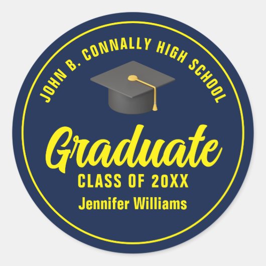 Navy Blue Yellow Afstuderen aangepaste afstudeerfe Ronde Sticker (Voorkant)