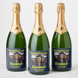 Navy Blue Yellow Afstuderen Afstudeerfeest Sparkling Wijnetiket