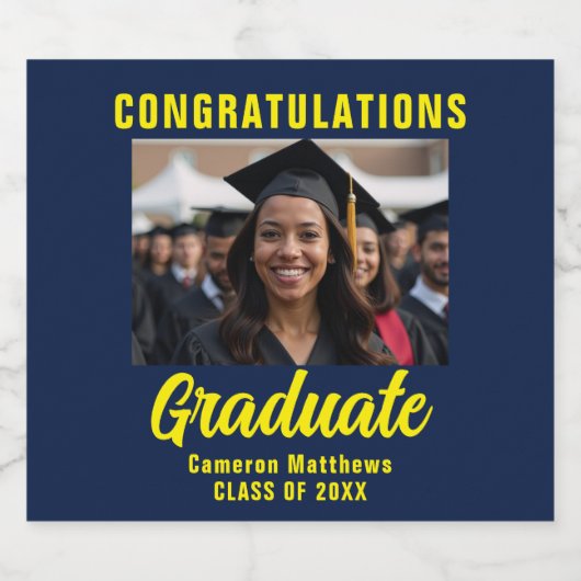 Navy Blue Yellow Afstuderen Afstudeerfeest Sparkling Wijnetiket (Enkel label)